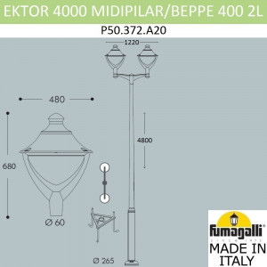 Парковый фонарь Fumagalli EKTOR 4000/MIDIPILAR/Beppe 2L LED-HIP P50.372.A20.LXH27
